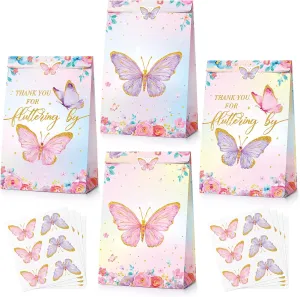 Nezyo 24 Pcs Butterfly Party Favors Goodie Gift Bags with Stickers Pink and Purple Candy Bags Thank You for Fluttering by Butterflies for Girls Women Birthday Party Supplies Baby Shower