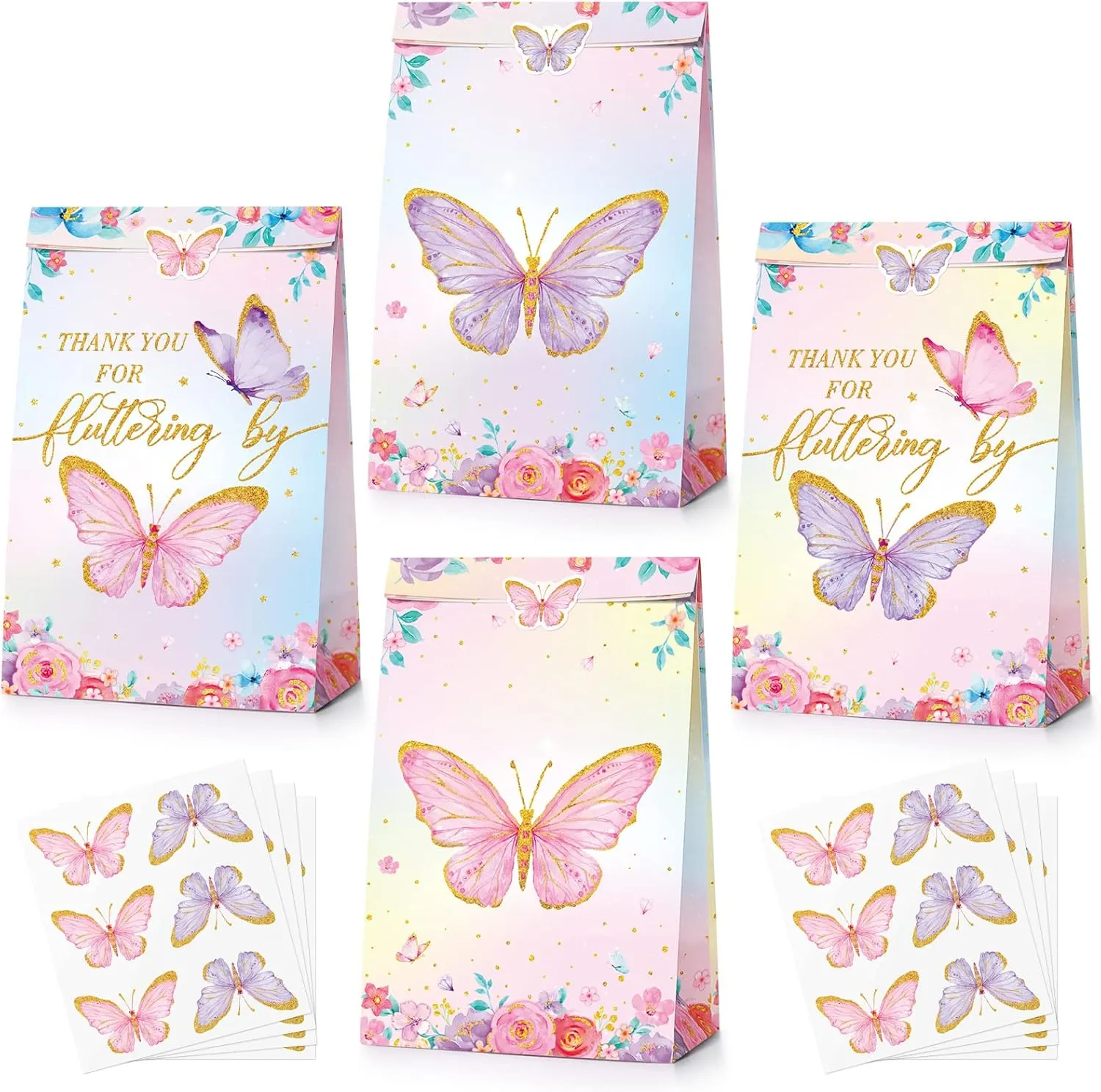 Nezyo 24 Pcs Butterfly Party Favors Goodie Gift Bags with Stickers Pink and Purple Candy Bags Thank You for Fluttering by Butterflies for Girls Women Birthday Party Supplies Baby Shower