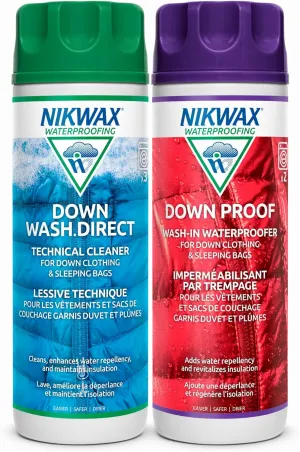 Nikwax Down, Down DUO-Pack, 300ml, Wash-In Cleaning and Waterproofing adds DWR Water Repellency to Down Filled Jackets, Outerwear, Sleeping Bags, Restores and Protects Insulation and Loft