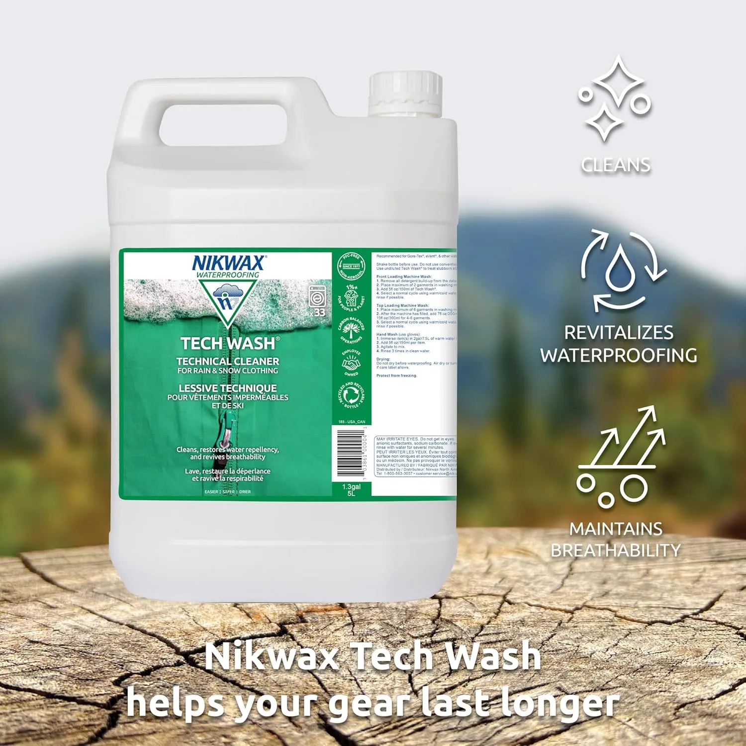 Nikwax Tech Wash 169 fl. oz, Technical Cleaner for Jackets and Outerwear, Restores Waterproofing in Rain, Ski, and Snow Gear, Safe for Gore-Tex and DWR, White