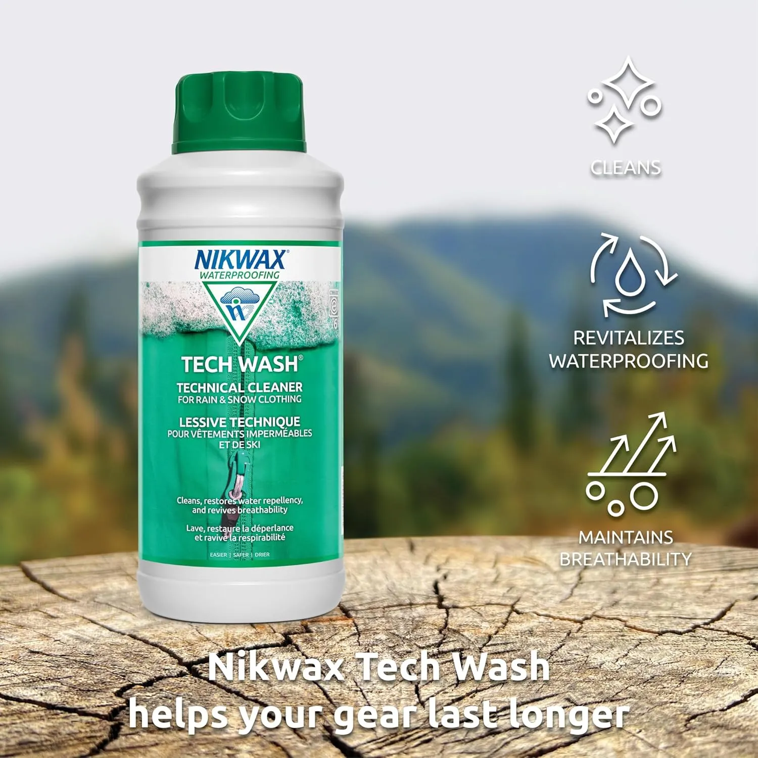 Nikwax Tech Wash 34 fl. oz., Nikwax Tech Wash Technical Cleaner for Jackets and Outerwear, Restores Waterproofing in Rain, Ski, and Snow Gear, Safe for Gore-Tex and DWR
