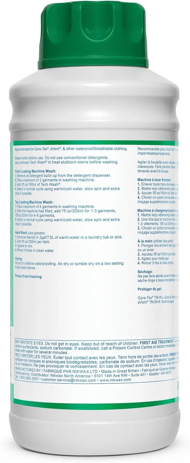Nikwax Tech Wash 34 fl. oz., Nikwax Tech Wash Technical Cleaner for Jackets and Outerwear, Restores Waterproofing in Rain, Ski, and Snow Gear, Safe for Gore-Tex and DWR