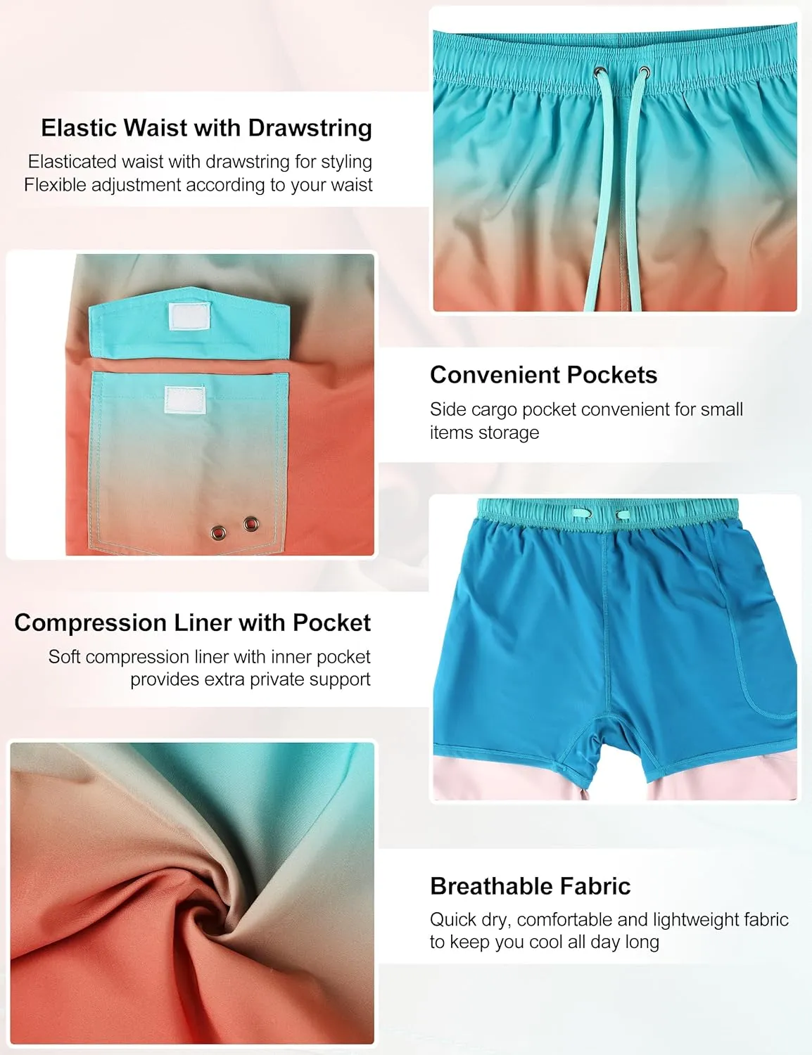 Nonwe Men's Swim Trunks with Compression Liner Quick Dry Water Sport Surf Beach Shorts with Pocket