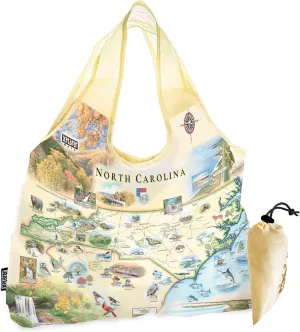 North Carolina State Map Pouch Tote with Handles – Reusable, Eco-Friendly Grocery Shopping Bag, Foldable Heavy-Duty Nylon, 18" x 25"