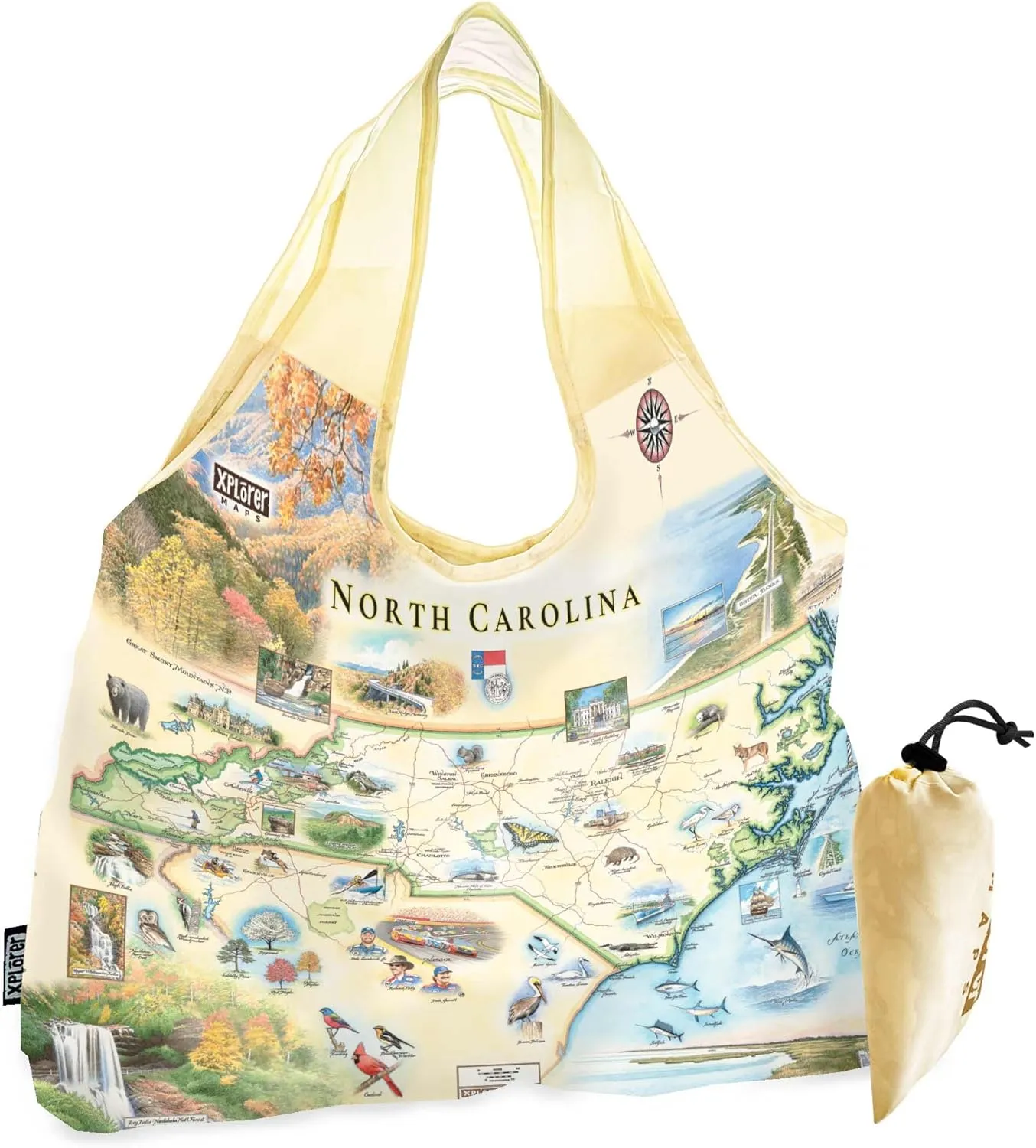 North Carolina State Map Pouch Tote with Handles – Reusable, Eco-Friendly Grocery Shopping Bag, Foldable Heavy-Duty Nylon, 18" x 25"