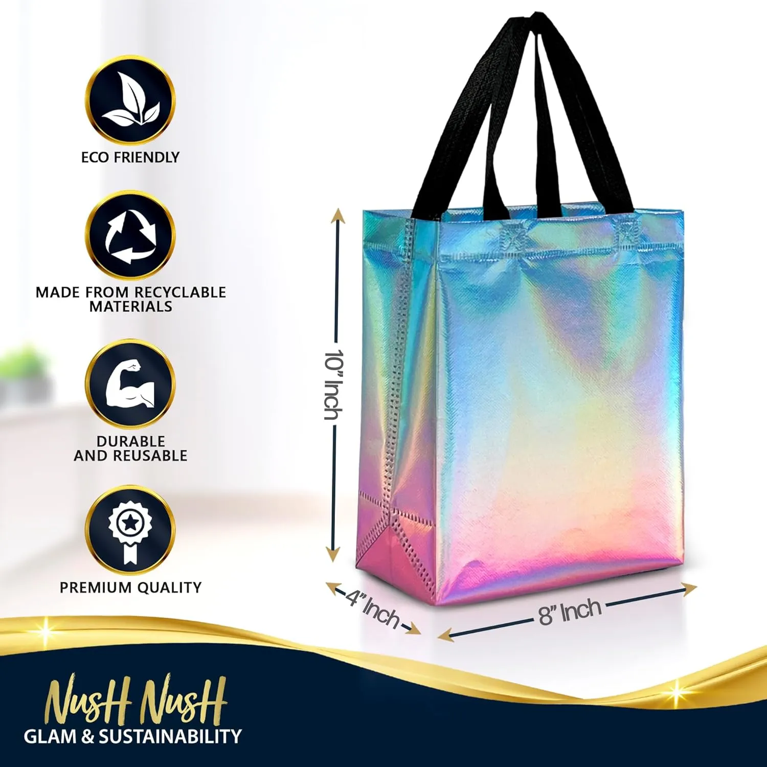 Nush Nush Gradient Bags Medium Size - Set of 12 Aqua to Pink Reusable Bags With Holographic Finish - Perfect For Goodie, Birthday, Party Favors - 8x4x10