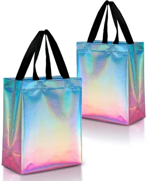 Nush Nush Gradient Bags Medium Size - Set of 12 Aqua to Pink Reusable Bags With Holographic Finish - Perfect For Goodie, Birthday, Party Favors - 8x4x10