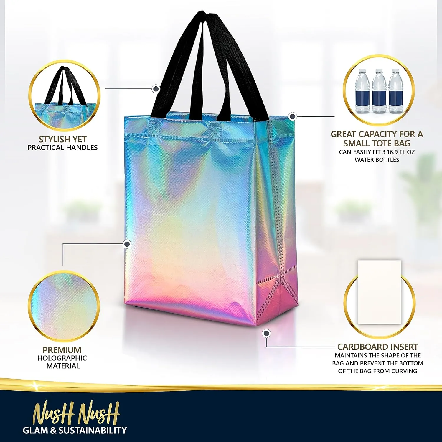 Nush Nush Gradient Bags Medium Size - Set of 12 Aqua to Pink Reusable Bags With Holographic Finish - Perfect For Goodie, Birthday, Party Favors - 8x4x10