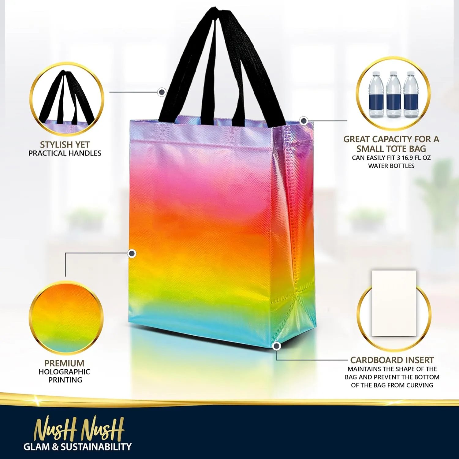 Nush Nush Gradient Gift Bags Medium Size – Set of 12 Pastel Gradient Reusable Gift Bags With Holographic Finish - Perfect As Goodie Bags, Birthday Gift Bags, Party Favor Bags, Girl Gift Bags - 8x4x10