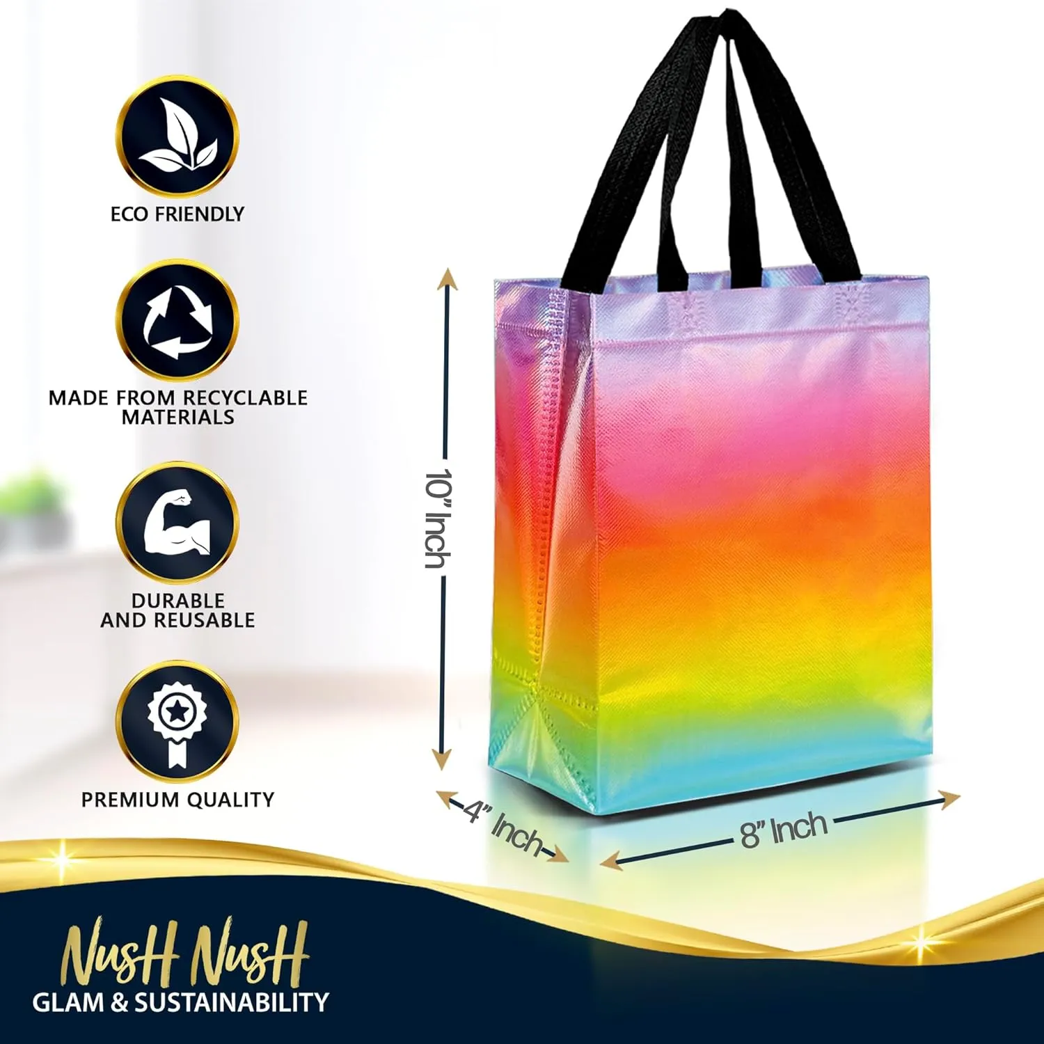 Nush Nush Gradient Gift Bags Medium Size – Set of 12 Pastel Gradient Reusable Gift Bags With Holographic Finish - Perfect As Goodie Bags, Birthday Gift Bags, Party Favor Bags, Girl Gift Bags - 8x4x10