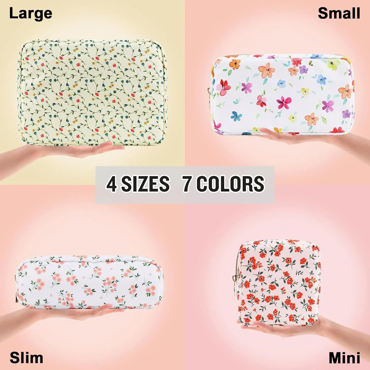 Nylon Large Floral Makeup Organizer Bag, Preppy Big Cute Flower Cosmetic Zipper Pouch Multi-compartment with Dividers, Waterproof Toiletry Make Up Bag Travel Essentials for Women(Light Yellow-Flower)
