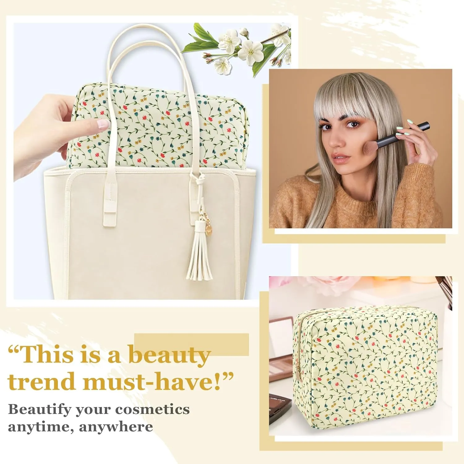 Nylon Large Floral Makeup Organizer Bag, Preppy Big Cute Flower Cosmetic Zipper Pouch Multi-compartment with Dividers, Waterproof Toiletry Make Up Bag Travel Essentials for Women(Light Yellow-Flower)