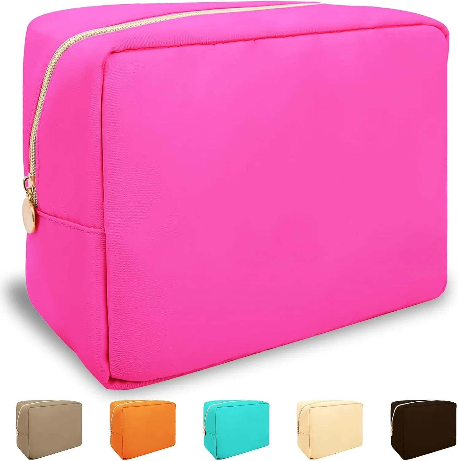 Nylon Large Makeup Bag Travel Cosmetic Bag Pouch, Preppy Big Makeup Bag Cute Cosmetic Zipper Pouch Purse, Waterproof Toiletry Bag Clutch Makeup Organizer Travel Essentials for Women Girls(Hot Pink)