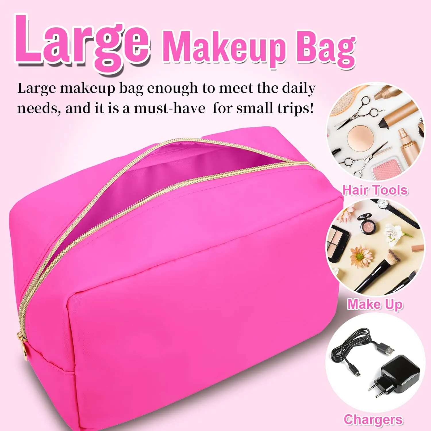 Nylon Large Makeup Bag Travel Cosmetic Bag Pouch, Preppy Big Makeup Bag Cute Cosmetic Zipper Pouch Purse, Waterproof Toiletry Bag Clutch Makeup Organizer Travel Essentials for Women Girls(Hot Pink)