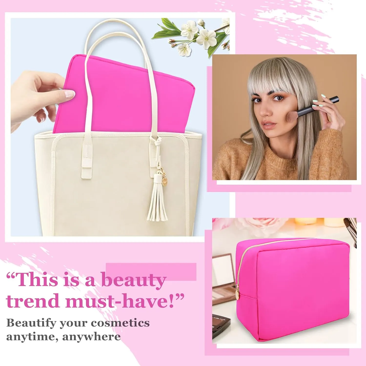 Nylon Large Makeup Bag Travel Cosmetic Bag Pouch, Preppy Big Makeup Bag Cute Cosmetic Zipper Pouch Purse, Waterproof Toiletry Bag Clutch Makeup Organizer Travel Essentials for Women Girls(Hot Pink)
