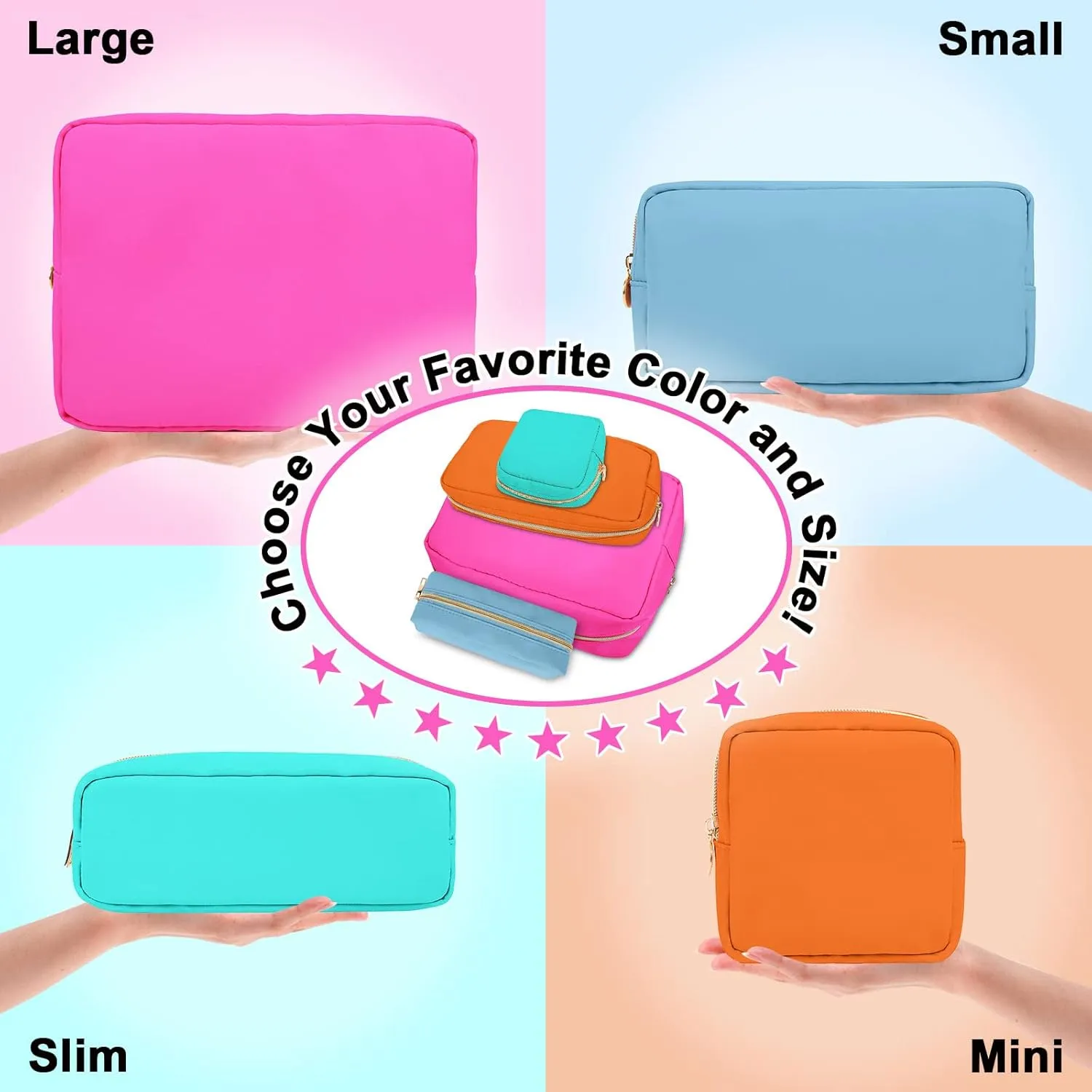 Nylon Large Makeup Bag Travel Cosmetic Bag Pouch, Preppy Big Makeup Bag Cute Cosmetic Zipper Pouch Purse, Waterproof Toiletry Bag Clutch Makeup Organizer Travel Essentials for Women Girls(Hot Pink)