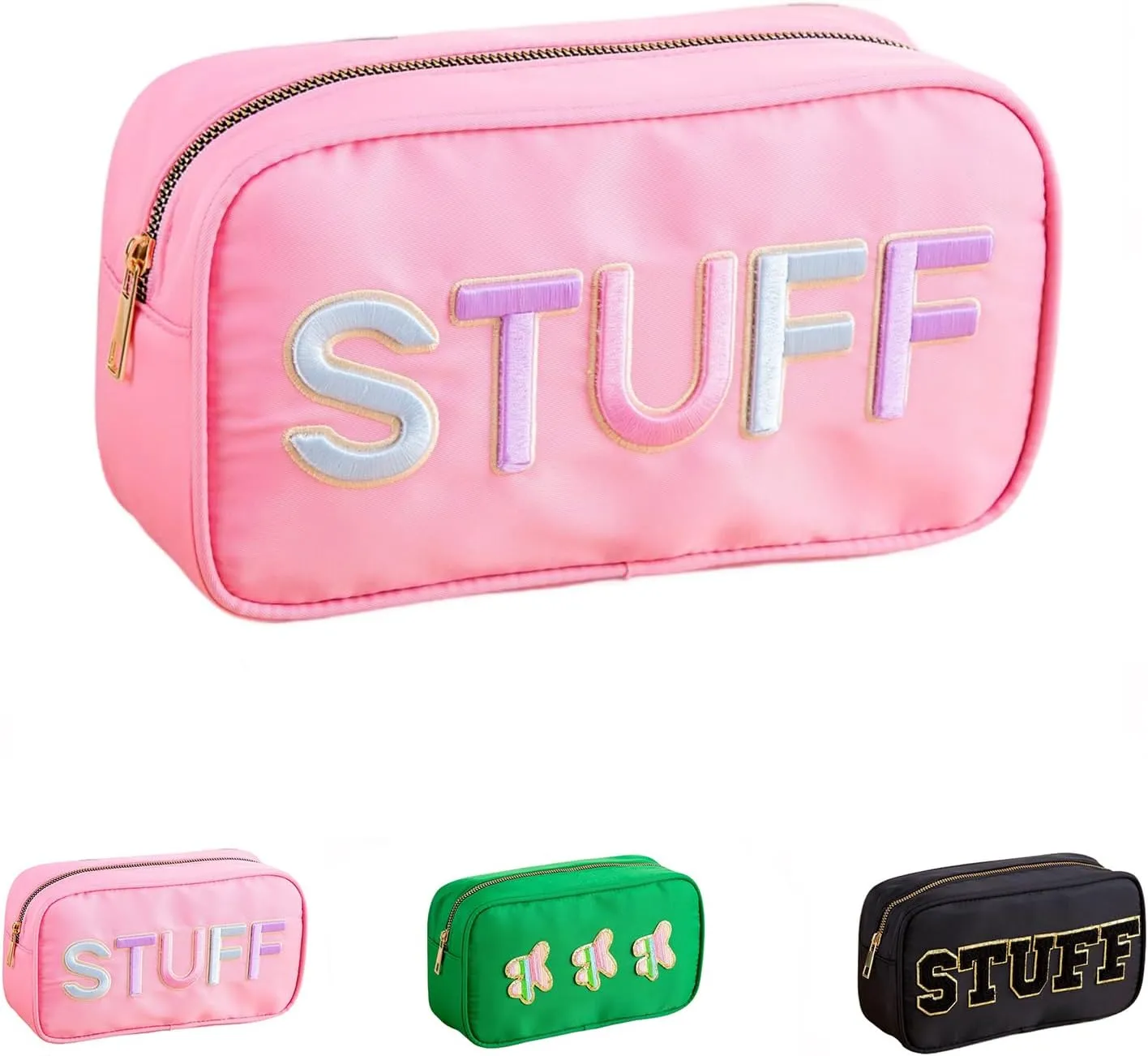Nylon Preppy Girls Makeup Bag - Stylish & Durable Cosmetic Organizer with STUFF Embroidery Chenille Letters, Travel Toiletry Pouch Gift for Girls Young Women (Pink)