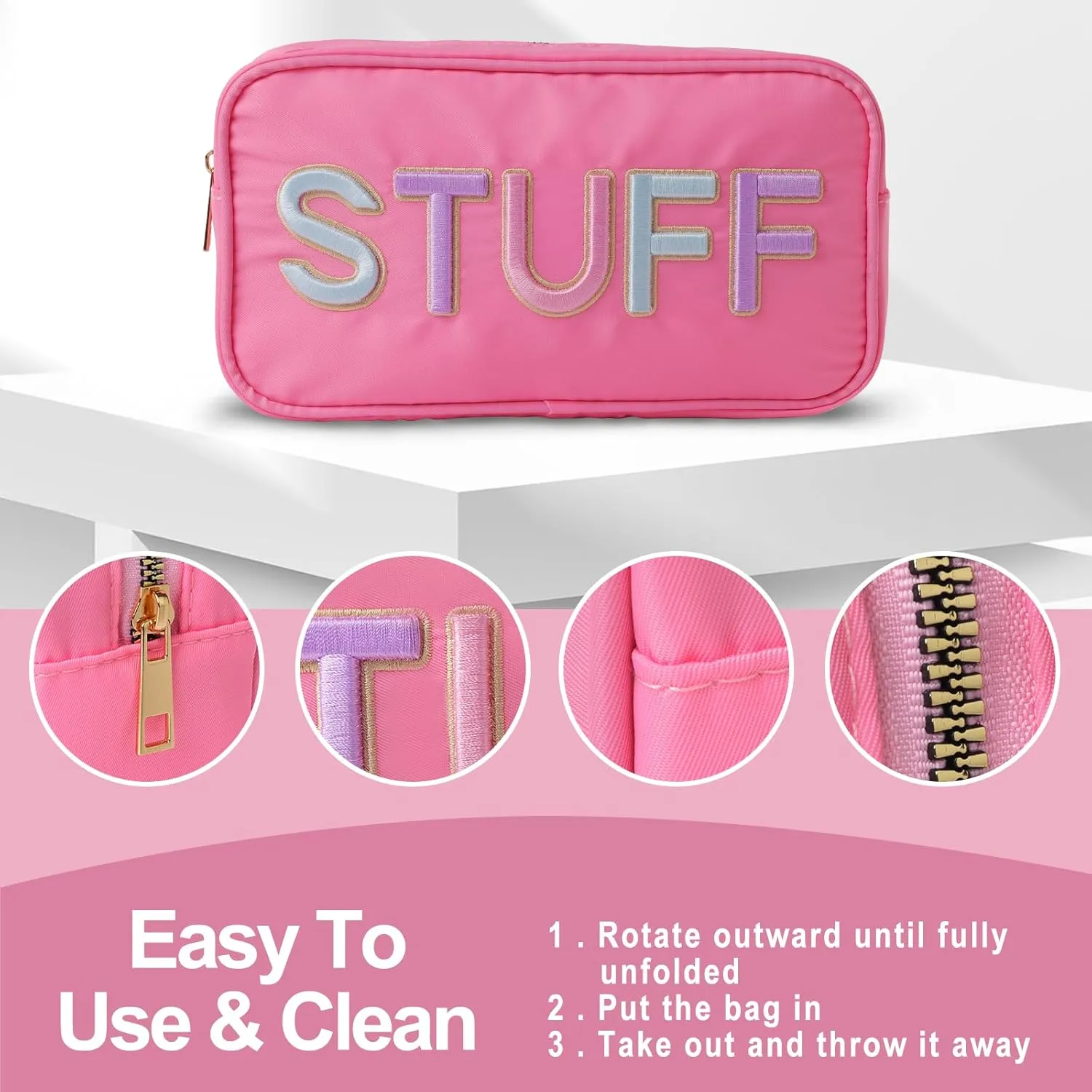 Nylon Preppy Girls Makeup Bag - Stylish & Durable Cosmetic Organizer with STUFF Embroidery Chenille Letters, Travel Toiletry Pouch Gift for Girls Young Women (Pink)