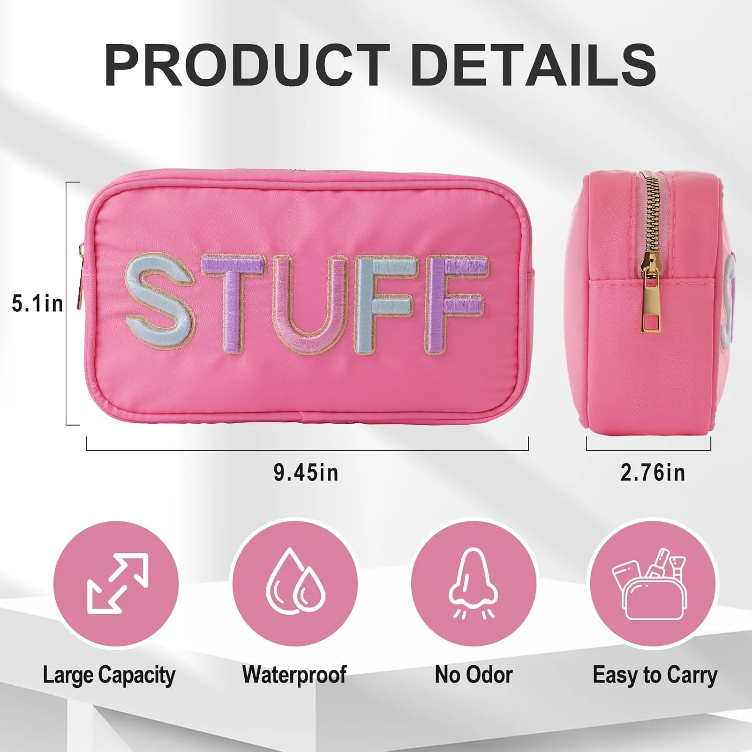 Nylon Preppy Girls Makeup Bag - Stylish & Durable Cosmetic Organizer with STUFF Embroidery Chenille Letters, Travel Toiletry Pouch Gift for Girls Young Women (Pink)