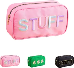 Nylon Preppy Girls Makeup Bag - Stylish & Durable Cosmetic Organizer with STUFF Embroidery Chenille Letters, Travel Toiletry Pouch Gift for Girls Young Women (Pink)