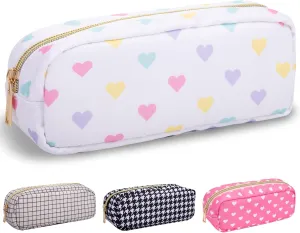 Nylon Small Makeup Bag, Slim Pink Makeup Brush Case, Preppy Cosmetic Zipper Pouch for Purse, Travel Toiletry Bag Clutch Coin Pouch Makeup Organizer for Women Girls (White Heart)