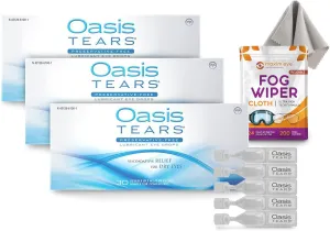 Oasis TEARS 30 Count 3pk Preservative-Free Lubricant Eye Drops Relief for Dry Eyes, 3 Boxes of 30 vials in Each (Total 90 vials of 0.01 oz each) - Bundled with 1 Reusable Anti Fog Cloth for Eyeglasses