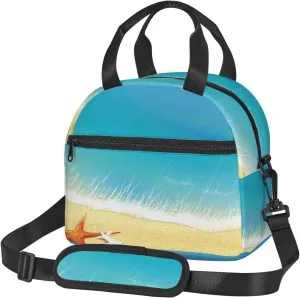 Ocean Animal Pattern,Insulated Reusable Lunch Bag Adult Large Lunch Box for Women and Men,Seashore Waves on Beach Summer,Adjustable Shoulder Strap,Front Zipper Pocket,Blue Cream