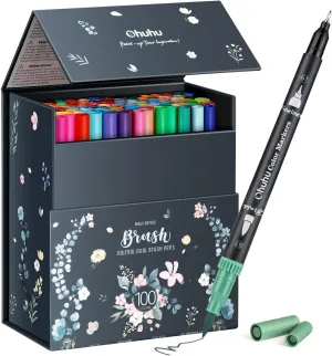 Ohuhu Markers for Adult Coloring Books No Bleeding 100 Colors Coloring Markers Water-based Dual Tips Fineliner & Brush Drawing Pens Art Pens for Kids Adults Sketch Journal - Maui - Black