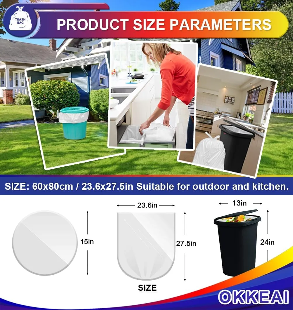 OKKEAI 8 Gallon Trash Bags 30L Garbage Bags Medium White Kitchen Trash Bags Wastebasket Liners for Bathroom,Home Office, Lawn,60 Count,Clear (Fits 7-10 Gallon Bins)
