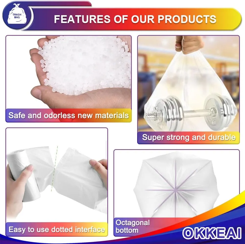 OKKEAI 8 Gallon Trash Bags 30L Garbage Bags Medium White Kitchen Trash Bags Wastebasket Liners for Bathroom,Home Office, Lawn,60 Count,Clear (Fits 7-10 Gallon Bins)