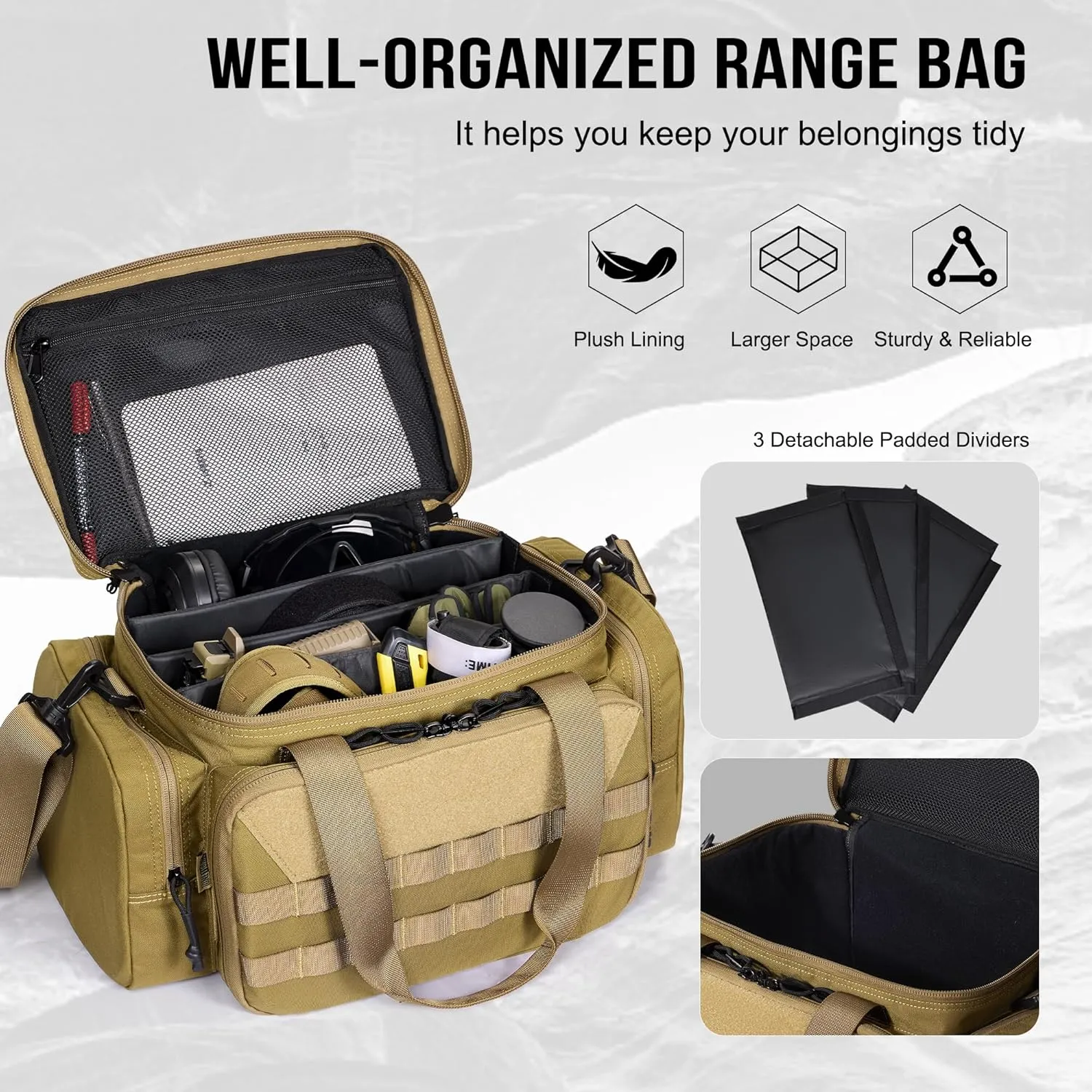 OneTigris Gun Range Bag, Hunting Shooting Range Bags for Handgun with 3 Removable Dividers 6 Elastic Mag Strap, Duffle Bag for Shooting, Fishing, Hiking, Outdoor, Sports