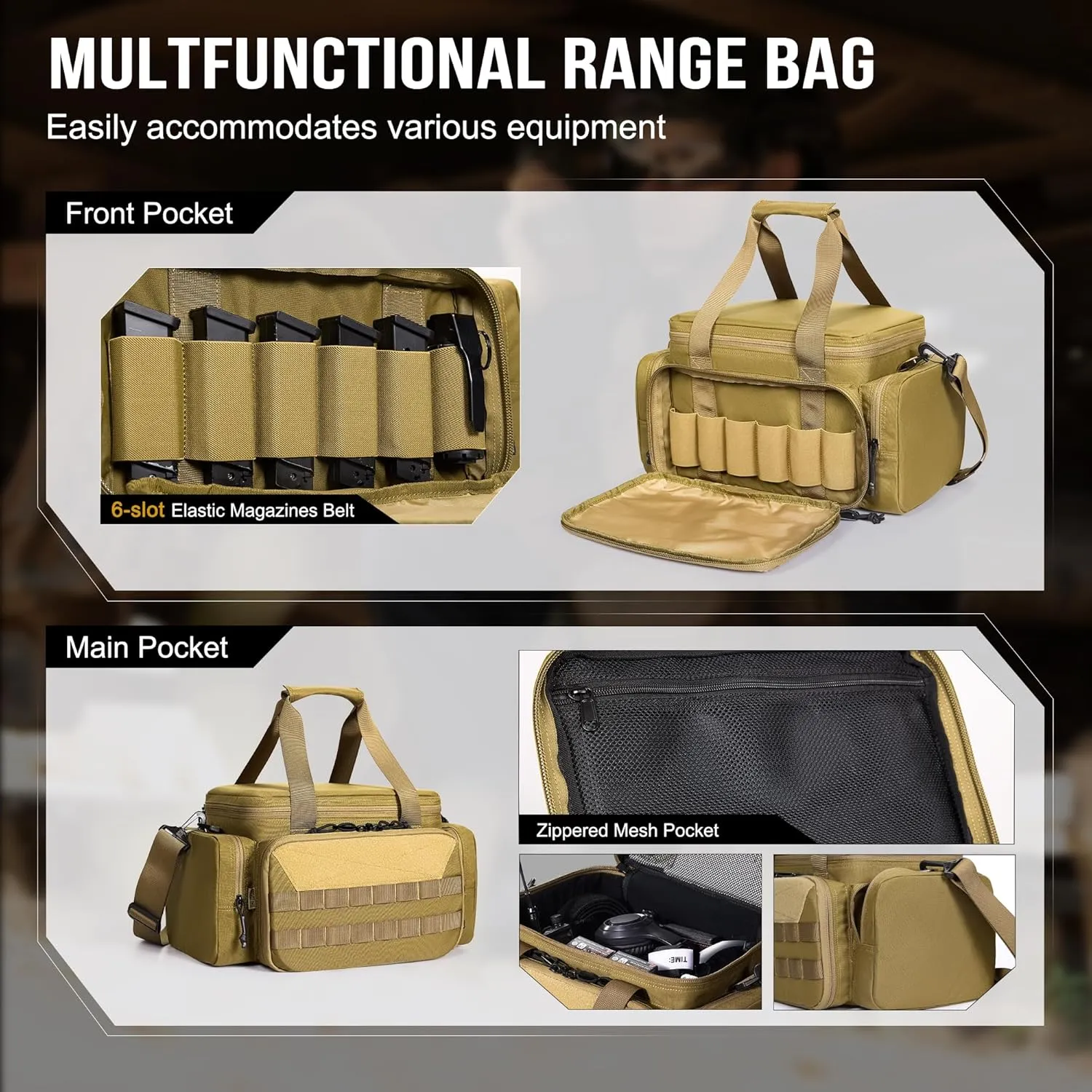 OneTigris Gun Range Bag, Hunting Shooting Range Bags for Handgun with 3 Removable Dividers 6 Elastic Mag Strap, Duffle Bag for Shooting, Fishing, Hiking, Outdoor, Sports