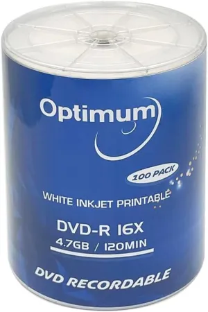 OPTIMUM DVD-R Blank Disc 4.7GB 16x Moisture Resistant White Inkjet Hub Printable Recordable Media - 100 Pack (no Container) Blank DVD Discs