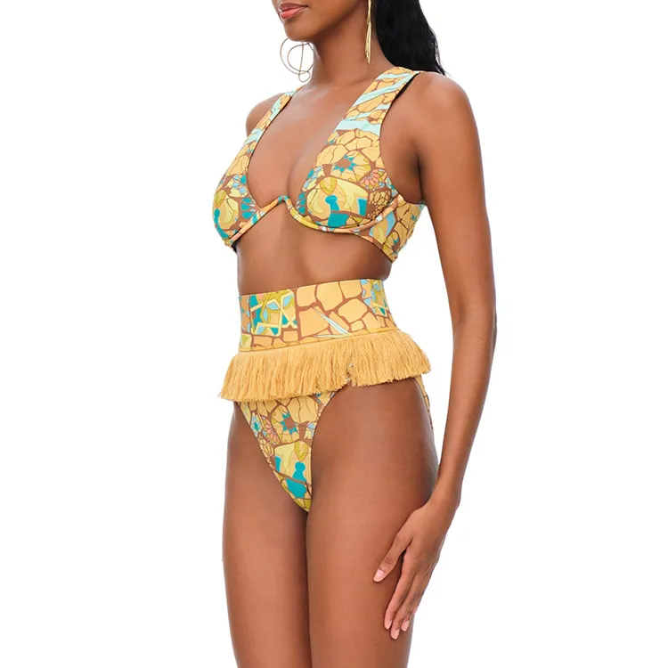 Opulent Printed Tassel Bikini Swimsuit and Cape