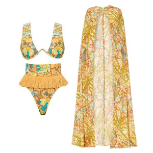Opulent Printed Tassel Bikini Swimsuit and Cape