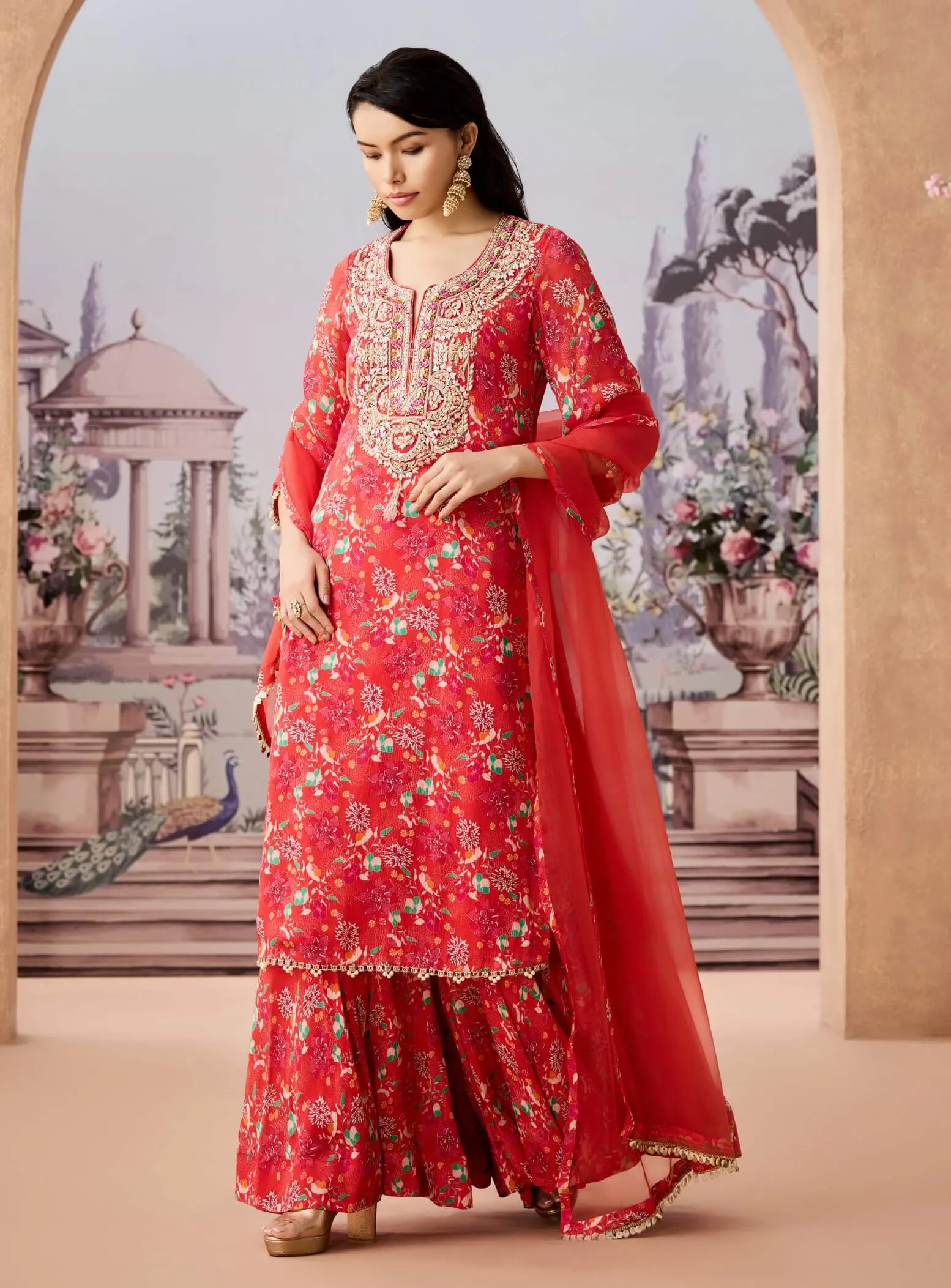 Orange chintz printed kurta set
