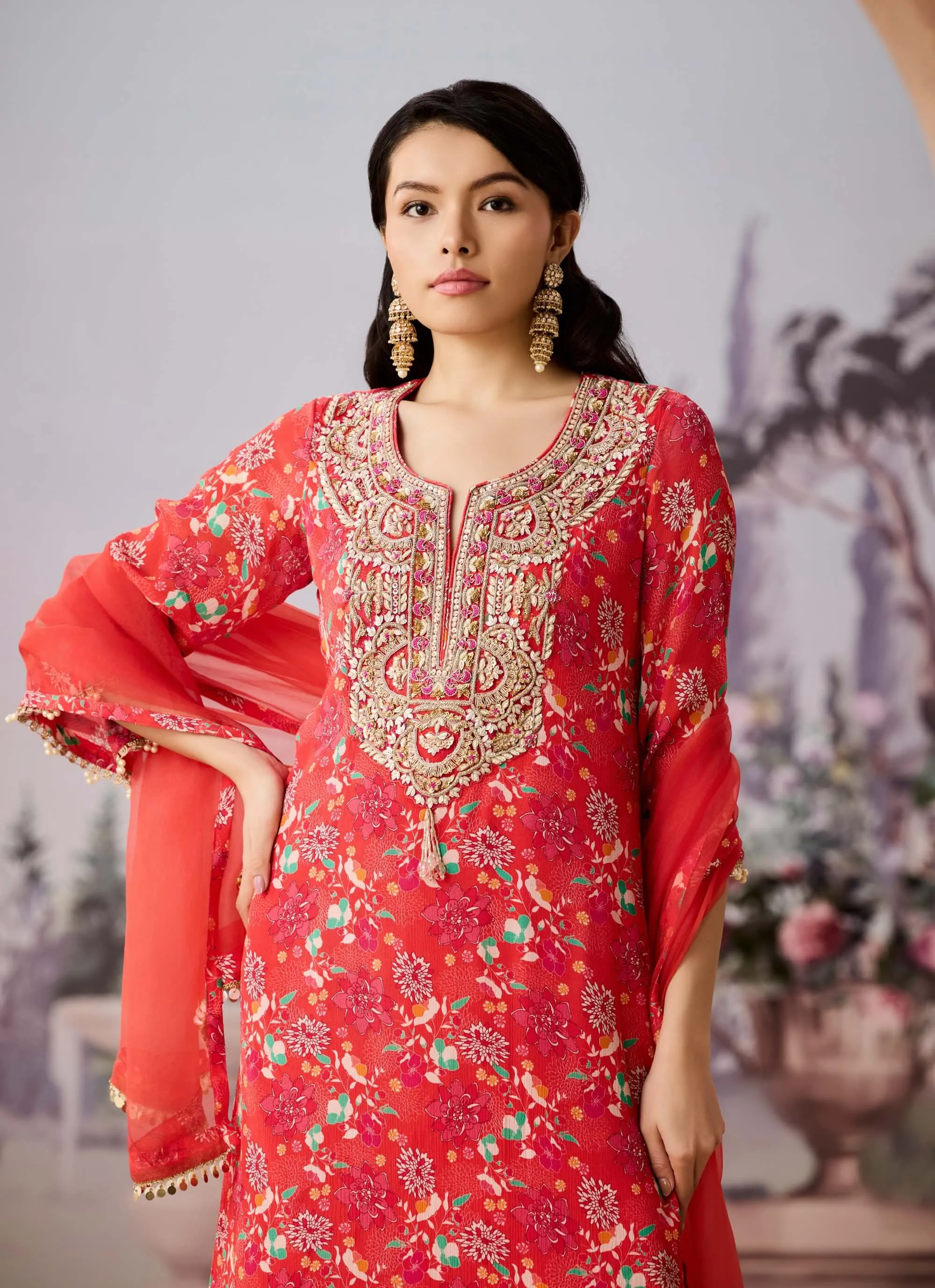 Orange chintz printed kurta set