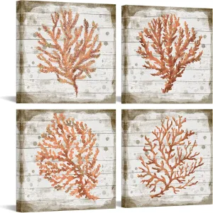 Orange Coral Canvas Set of 4 Ready to Hang Ocean Beach Wall Art for Bedroom Bathroom Framed Watercolor Prints Marine Plants Pictures Home Decoration Each Panel 16x16inch (Medium)