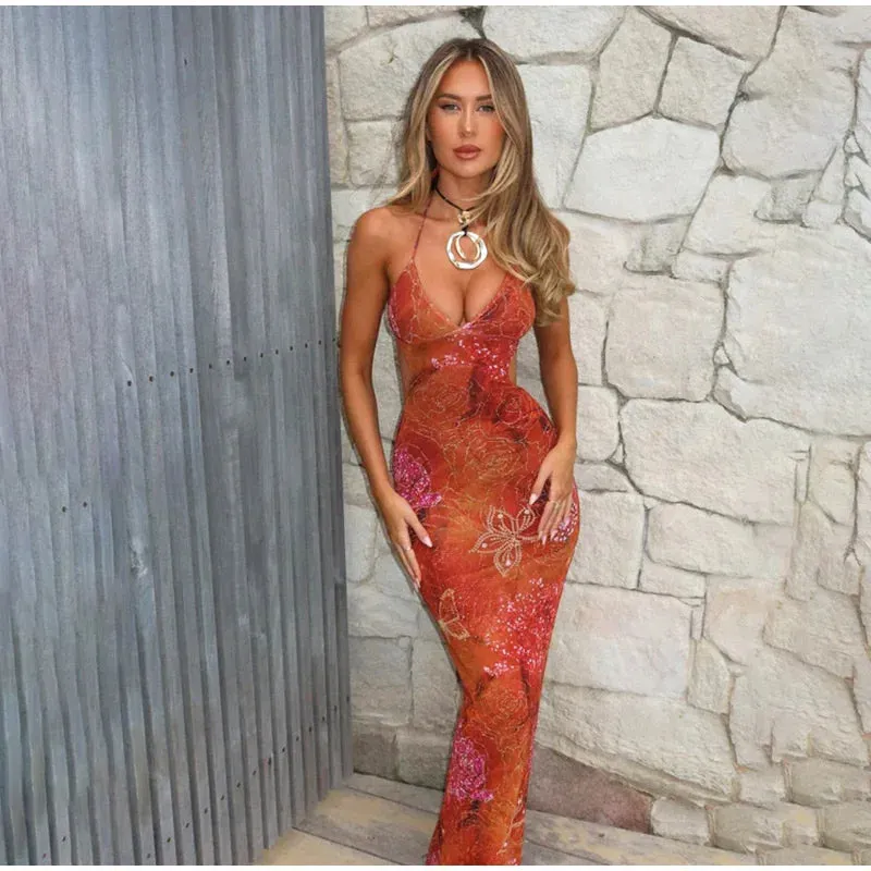 Orange Printed Backless Maxi dress