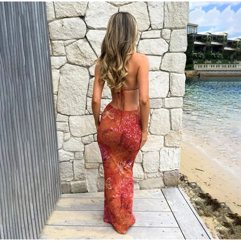 Orange Printed Backless Maxi dress