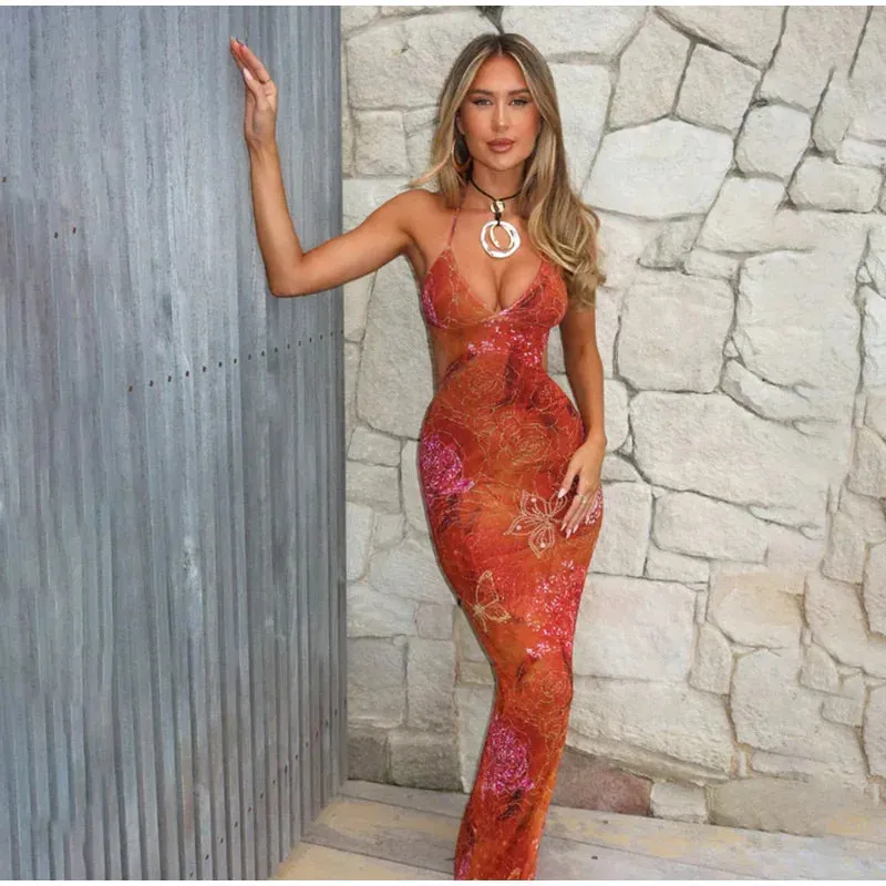 Orange Printed Backless Maxi dress