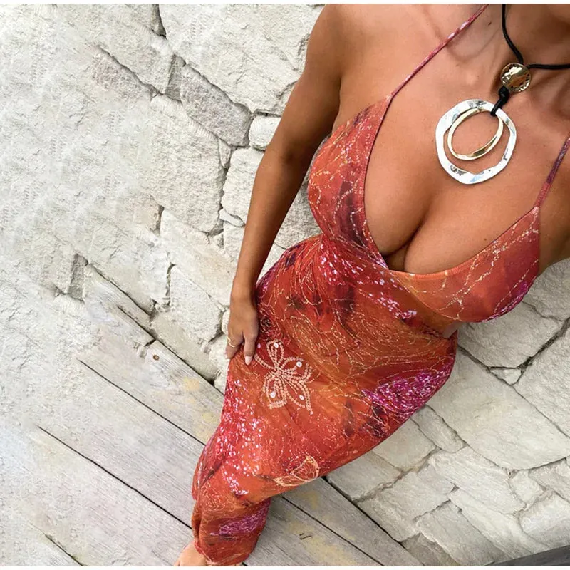 Orange Printed Backless Maxi dress