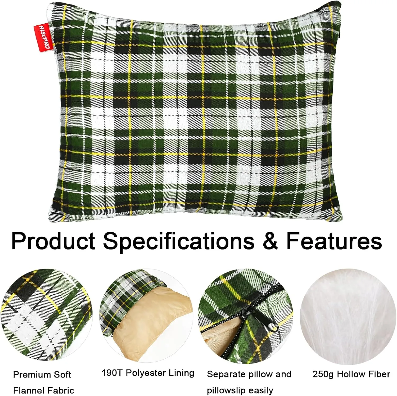 Outdoor Camping Pillow Lightweight, Compressible, Flannel Travel Pillow Cases, Washable Removable Pillow Cover Camping and Backpacking Green