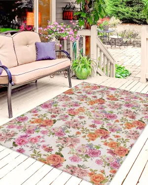 Outdoor Patio Rug for Deck,Picnic,Porch,Balcony 5x8ft Water Absorb Non Skid Area Rugs, Watercolor Garden Flower on Cotton Line Texture Washable Camping RV Carpet Mats Blossoms Floral