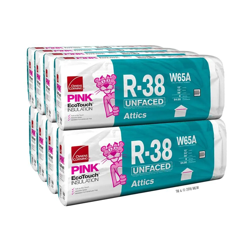 Owens Corning 512 SQFT 8 Bags of R-38 Unfaced 24 by 48 Fiberglass Batt Fits 2X12 attic