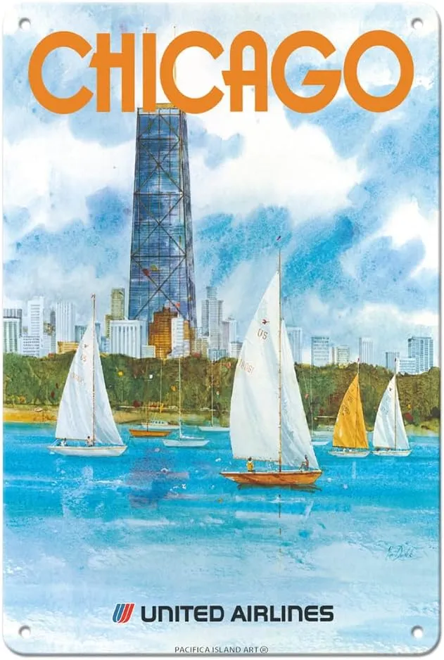 Pacifica Island Art Chicago Illinois - John Hancock Center - United Airlines - Vintage Airline Travel Poster by Stanley Stan Dudek c.1980s - 8 x 12 inch Vintage Metal Tin Sign