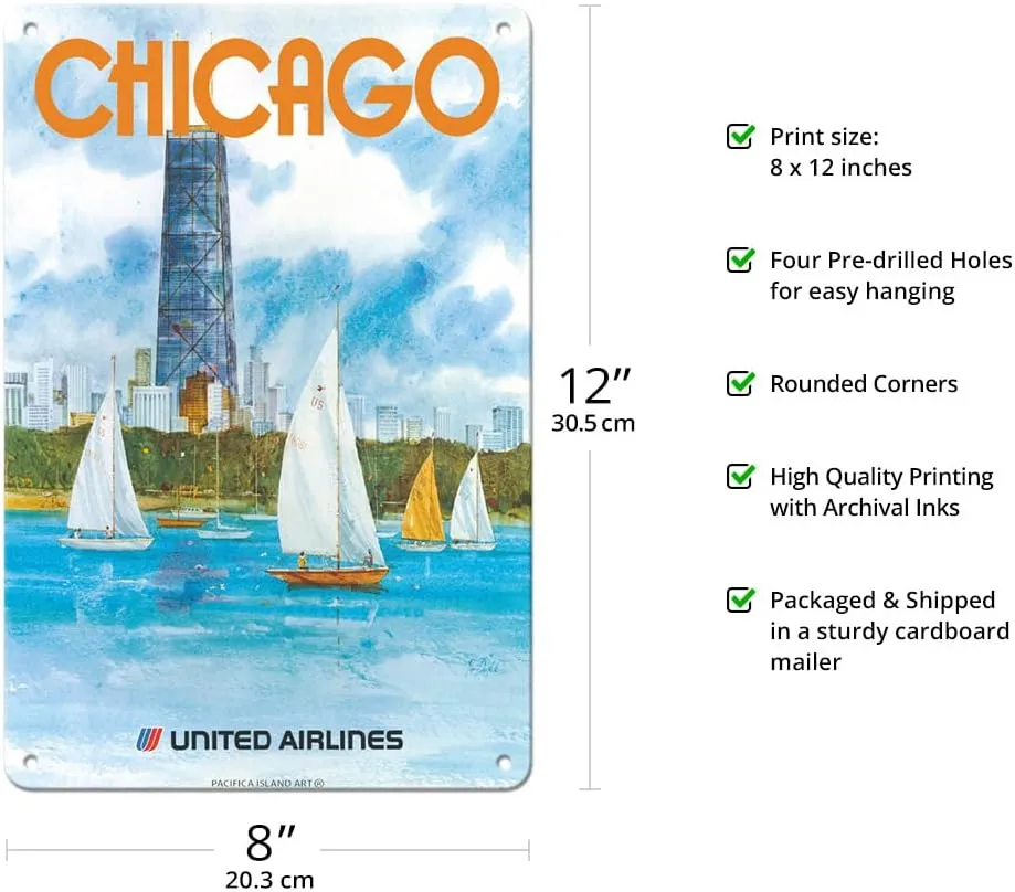 Pacifica Island Art Chicago Illinois - John Hancock Center - United Airlines - Vintage Airline Travel Poster by Stanley Stan Dudek c.1980s - 8 x 12 inch Vintage Metal Tin Sign