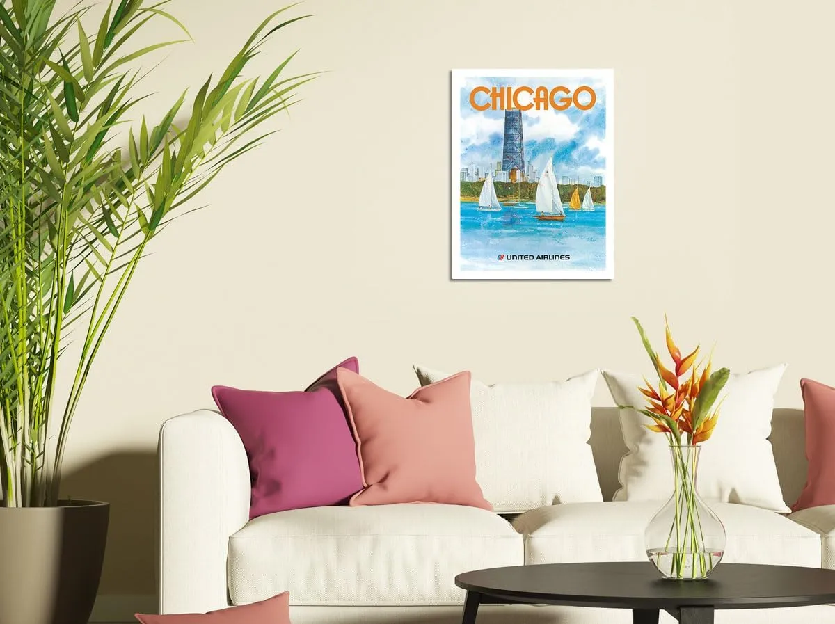 Pacifica Island Art Chicago Illinois - John Hancock Center - United Airlines - Vintage Airline Travel Poster by Stanley Stan Dudek c.1980s - 8 x 12 inch Vintage Metal Tin Sign