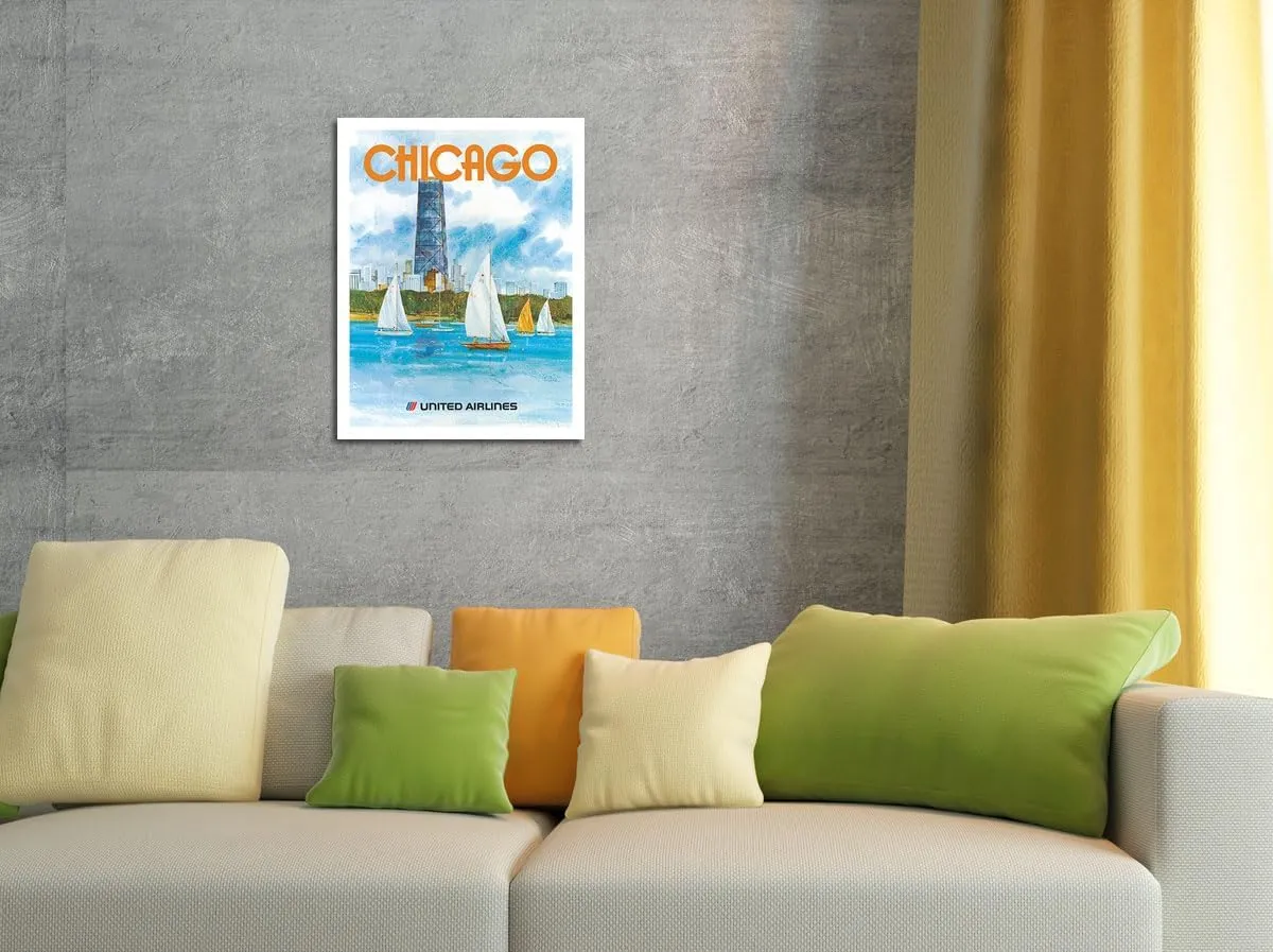 Pacifica Island Art Chicago Illinois - John Hancock Center - United Airlines - Vintage Airline Travel Poster by Stanley Stan Dudek c.1980s - 8 x 12 inch Vintage Metal Tin Sign