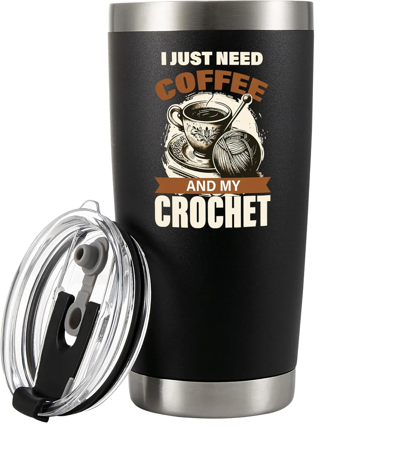 Panvola I Just Need Coffee And My Crochet Funny Crocheter Gifts For Grandma Mom Coffee Lover Knitting Crocheting Vacuum Insulated Tumbler with Straw and Removable Lid 20 oz Black